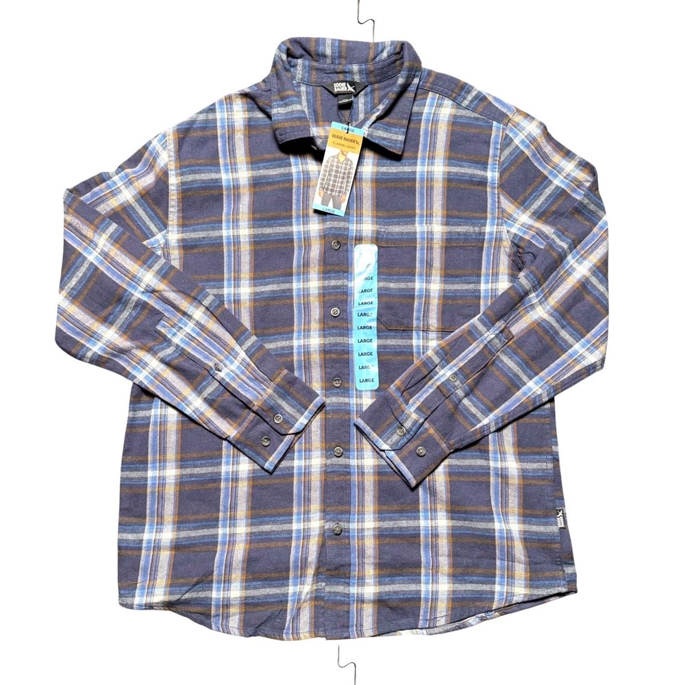 Eddie Bauer Mens Large Blue Plaid Flannel Shirt Long Sleeve‎ Button Down